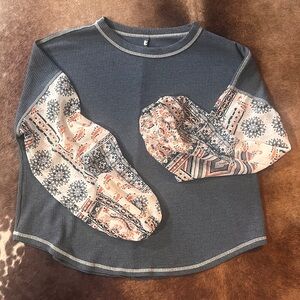 Blue Waffle Knit Top with Patterned Balloon Sleeves